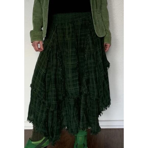 Free People FP One Averie Plaid Boho Billowy Tiered Asymmetrical Raw Hem Skirt - Picture 11 of 11